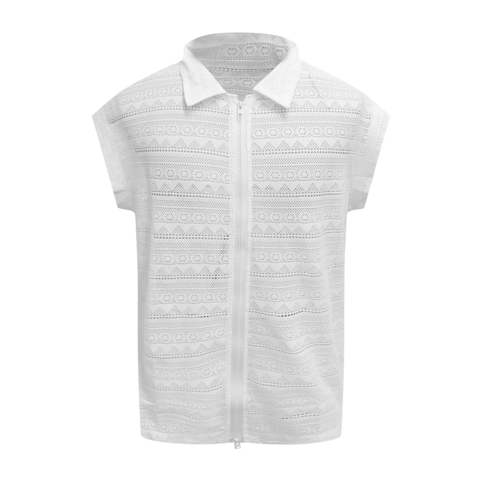 Men's Checkered Sleeveless Zippered Sheer Knitted Shirt